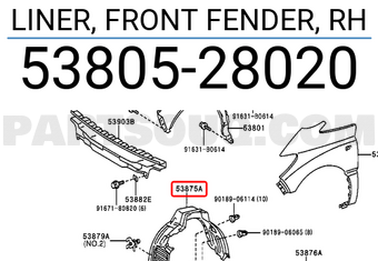 Toyota 5380528020 LINER, FRONT FENDER, RH
