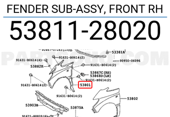 Toyota 5381128020 FENDER SUB-ASSY, FRONT RH