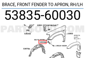 Toyota 5383560030 BRACE, FRONT FENDER TO APRON, RH/LH