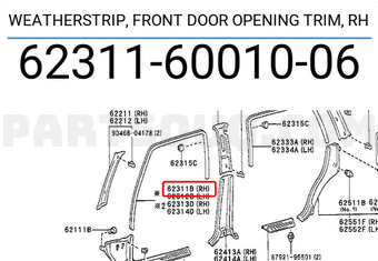 Toyota 623116001006 WEATHERSTRIP, FRONT DOOR OPENING TRIM, RH