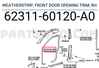 Toyota 6231160120A0 WEATHERSTRIP, FRONT DOOR OPENING TRIM, RH