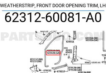 Toyota 6231260081A0 WEATHERSTRIP, FRONT DOOR OPENING TRIM, LH