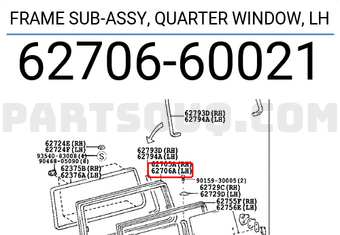 Toyota 6270660021 إطار فرعي لنافذة الربع، LH