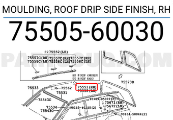 Toyota 7550560030 MOULDING, ROOF DRIP SIDE FINISH, RH