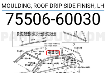 Toyota 7550660030 MOULDING, ROOF DRIP SIDE FINISH, LH