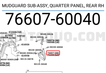 Toyota 7660760040 MUDGUARD SUB-ASSY, QUARTER PANEL, REAR RH