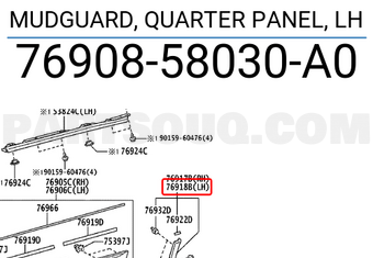 Toyota 7690858030A0 MUDGUARD, QUARTER PANEL, LH