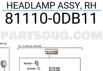 Toyota 811100DB11 HEADLAMP ASSY, RH