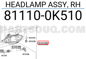 Toyota 811100K510 HEADLAMP ASSY, RH