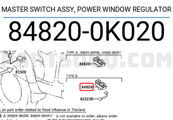Toyota 848200K020 MASTER SWITCH ASSY, POWER WINDOW REGULATOR
