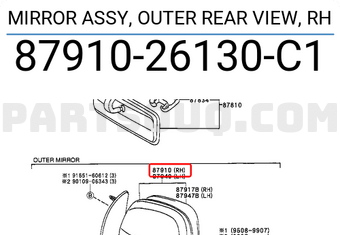 Toyota 8791026130C1 MIRROR ASSY, OUTER REAR VIEW, RH