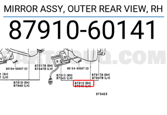 Toyota 8791060141 MIRROR ASSY, OUTER REAR VIEW, RH