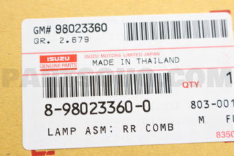 8980233600 LAMP ASM; RR CO