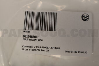 081568301F BOLT-HEX,PP W/W