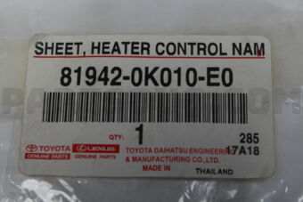 819420K010E0 SHEET, HEATER CONTROL NAME, NO.1