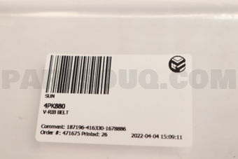 SUN 4PK880 V-RIB BELT