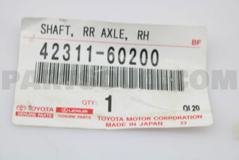 Toyota 4231160200 SHAFT, REAR AXLE, RH