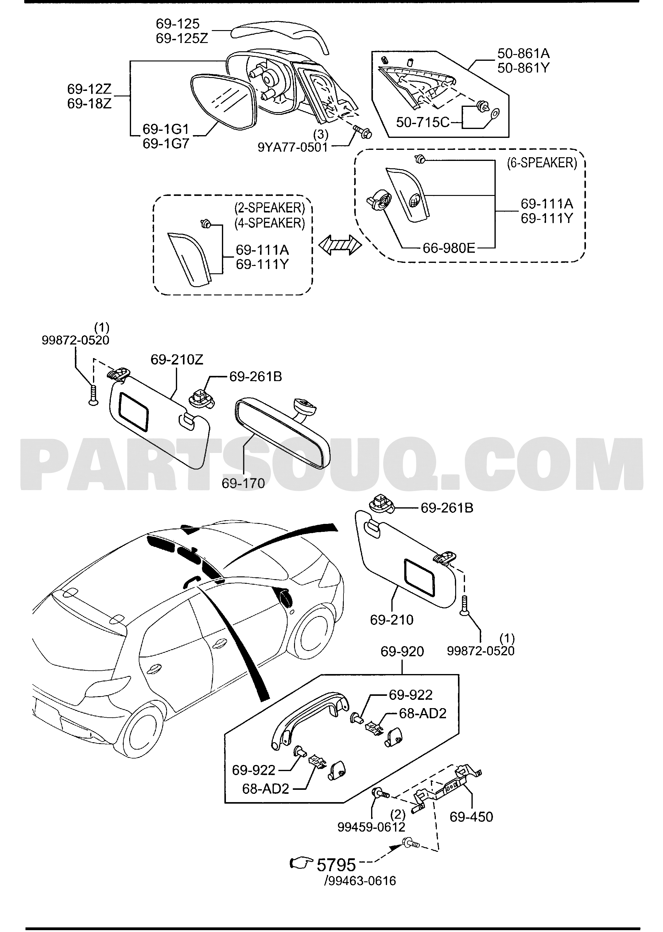 SUN VISORS, ASSIST HANDLE & MIRRORS 01/01 | Mazda 2 2011 US