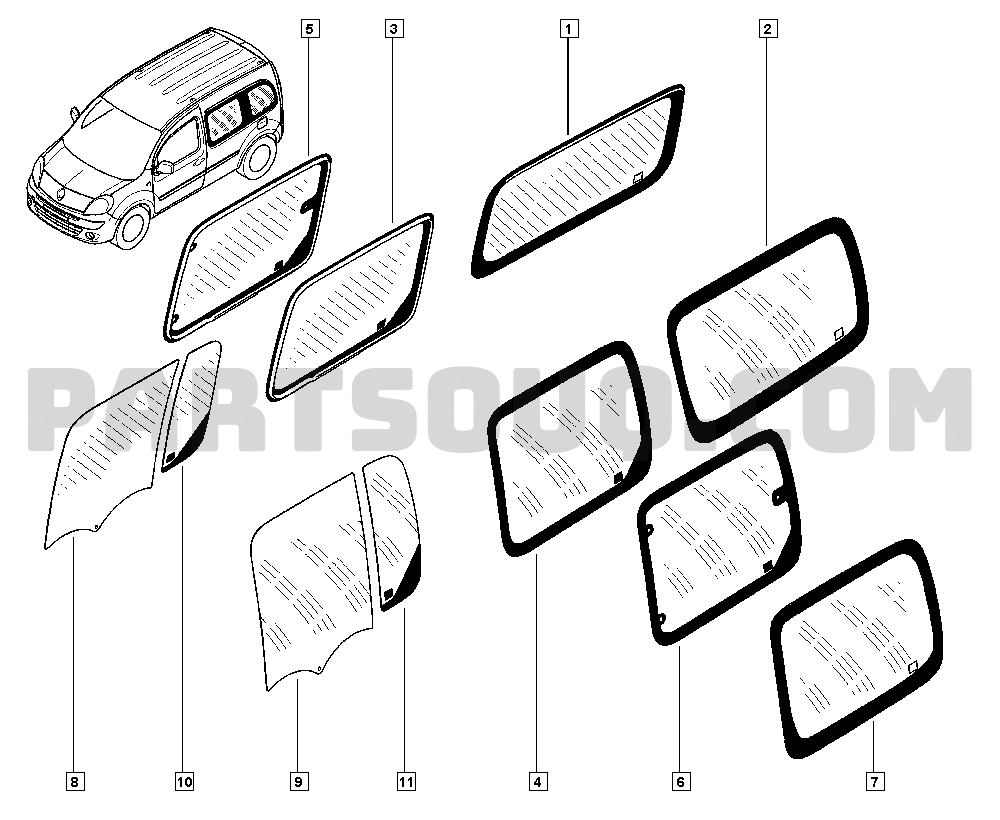 Windows | Renault Kangoo II 1461 KW0Y | Parts Catalogs | PartSouq
